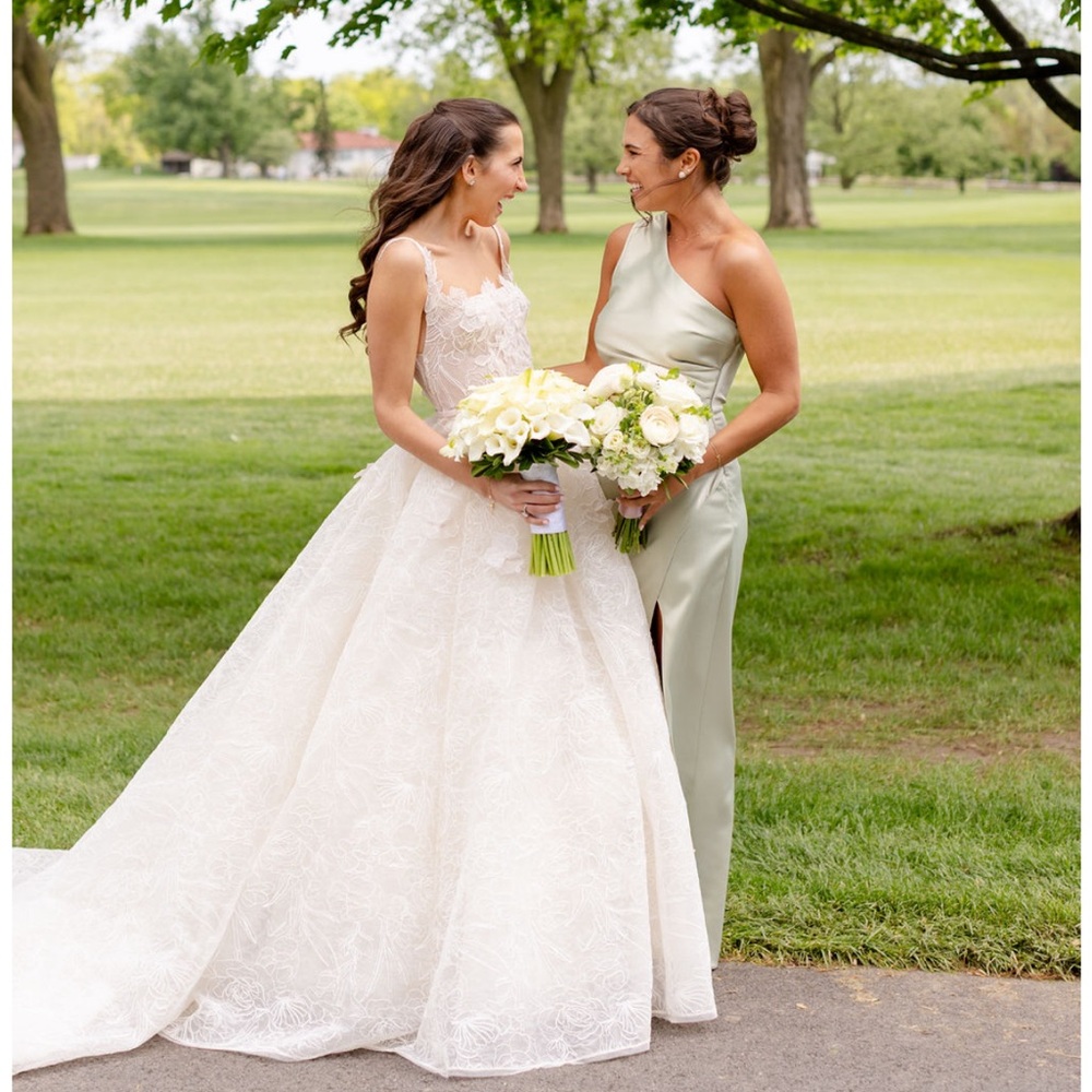 BHLDN Green Asymmetrical Ruched Gown